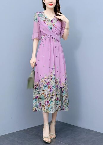 LAI MENG FIVE CATS Women's Vintage Round Neck Floral Print Casual Elegant Midi Dress in Saudi Arabia
