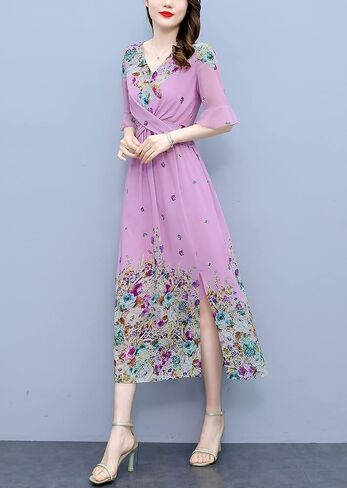 LAI MENG FIVE CATS Women's Vintage Round Neck Floral Print Casual Elegant Midi Dress in Saudi Arabia