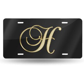 H Letter Golden Print License Plate Front Car Decorative Novelty Auto Plate Car Tag Vanity Gift Metal Aluminum Plate for Women/Man 12x6 inch Wall Decor