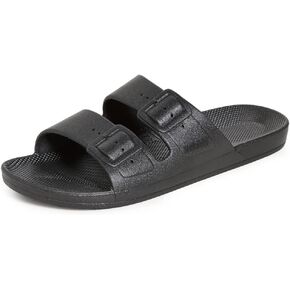 Freedom Moses-Women's Women's Two Band Unisex Slides, Black, 4-5 Medium US