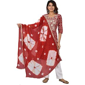 Vrnda Women's Cotton Indian Bandhej Print Straight Kurta Set Yoke Embroidery Kurti With Pant and Dupatta Set Dress