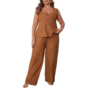 Women's 2 Piece Pajama Set Plus Size Sleeveless Tie Front Top and Pants Lounge Set