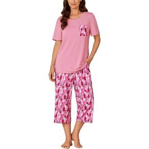 LYANER Women's Short Sleeve and Printed Capri Pants Pajamas Sets Sleepwear Loungewear