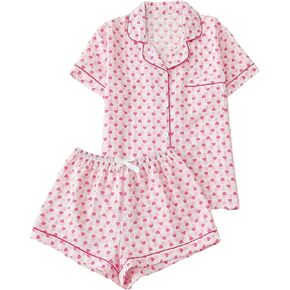Verdusa Women's 2 Piece Cute Pajama Sets Heart Print Button Down Shirt and Bow Shorts Set Sleepwear