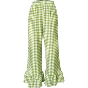 MakeMeChic Women's Y2K Gingham Wide Leg Pants Elastic Waist Ruffle Hem Loose Trousers Loungewear