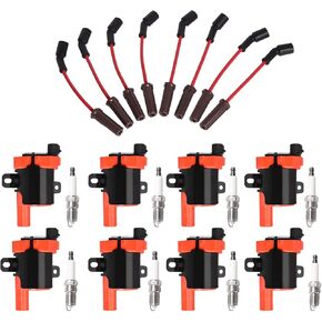 ENA Set of 8 Round Red Ignition Coil with 8 Platinum Spark Plug and Red Wire Set Compatible with GMC Chevrolet Yukon Avalanche Express Silverado Suburban Tahoe Envoy Savana Replacement for UF262