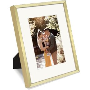 Golden State Art, 11x14 Picture Frame Gold Aluminum (Shiny Brushed) Display Pictures 8x10 with Mat or 11x14 Without Mat Wall Mounting Real Glass Metal Photo Frame