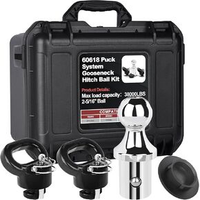 60618-Puck System Gooseneck Hitch Ball Kit with Box, 2-5/16" Ball for Truck Bed with 2 Gooseneck Safety Chain Anchors, 38,000 lbs GTW / 7,500 lbs VTW, Compatible with 2013-2024 Dodge RAM 2500 and 3500