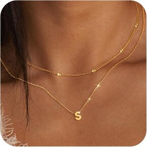 Gold Initial Necklace for Women Silver Layered Letter Jewelry Dainty A-Z Tiny Pendant Choker Necklace Personalized Monogram Name Necklace Waterproof Non Tarnish,Jewelry Gift for Women