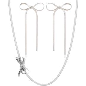 Bi&Yamigeo Bow Tie Jewelry Set,Stainless Steel Ribbon Bow Knot Drop Dangle Stud Earrings Necklace,Long Tassel Fringe Bowknot Earring Choker for Women