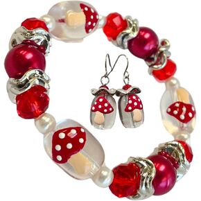 Mushroom Jewelry Set, Red Clear Fungi Bracelet Earring for Women, Birthday Christmas Gift for Her, 1 Set