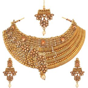 Efulgenz Indian Bridal Jewelry Sets for Women Traditional Gold Tone Crystal Faux Pearl Wedding Choker Necklace Earrings Maangtikka Set Bollywood Jewelry