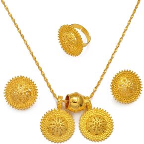 Ethiopian Jewelry Set | Ethiopian Traditional Jewelry | Eritrean Jewelry for Women | Ethiopian African Traditional Wedding Sets 3pcs Includes Earrings, Necklace Pendant, Ring