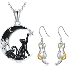 Cat Necklace and Earrings Sets 925 Sterling Silver Crescent Moon Cat Pendant Halloween Necklace Cat Jewelry for Women Girls Gifts for Cat Lovers