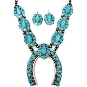 Chunky Western Squash Blossom Statement 30"+3 Ext Necklace and Earrings Set Navajo Pearl (Turquoise)