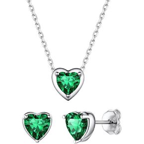 ChicSilver 925 Sterling Silver Heart Cut Birthstone Jewelry Set, Sparkling Heart Birthstone Stud Earrings and Birthstone Necklace Set for Women