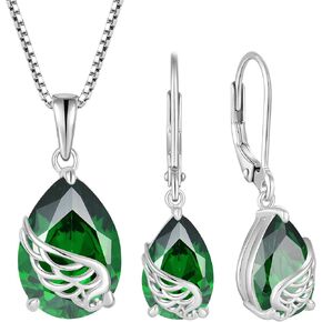 Guardian Angel Wing Jewelry Set 925 Sterling Silver Pear Cut Emerald May Birthstone Necklace Earrings Teardrop Jewelry Gifts for Women