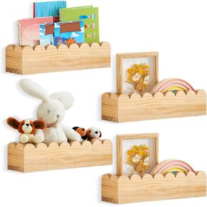Pinkunn Set of 4 Scalloped Floating Shelves, 15.6 Inch Scalloped Shelves for Nursery,Natural Wood Nursery Book Shelves Scalloped Book Shelf for Kids Toddlers Nursery Bedroom Wall Decor