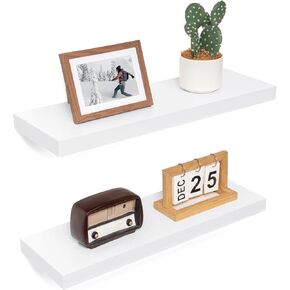 24 Inch Floating Shelves, 8 Inch Deep Floating Shelves for Wall, Hanging Shelf with Invisible Brackets, Deep Shelves for Bathroom, Bedroom, Living Room, White, Set of 2