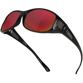 Unisex Fit Over Wrap Sunglasses Polarized Lens Wear Over Eyeglasses UV400 Protection Shades for Men and Women Outdoor Activities Driving - Shiny Black/Black RED REVO (pack in Case)