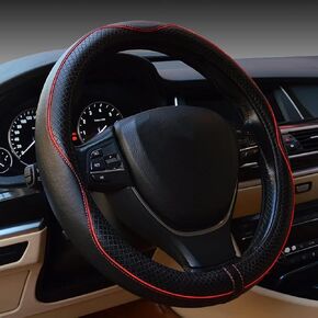 Universal 15 Inch Car Steering Wheel Cover Protector Genuine Leather Heavy Duty Durable Sporty Wave Pattern (Black+Red)