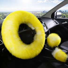 Car Steering Wheel Cover Gear Shift Handbrake Fluffy Cover for Women/Ladies Pure Wool Universal Fit 15 Inch 1 Set 3 Pcs (Purple)