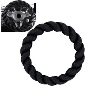 1 PC Car Steering Wheel Cover, 14.96" Diameter Twisted Soft Plush Warm Round Grip Cover, Anti-Slip Wear-Resistant Comfortable Luxury Cute Car Accessories, Universal for Most Cars (Black)