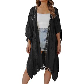 Bsubseach Kimonos for Women Open Front Lace Cardigan Long Beach Dress 3/4 Sleeve Bathing Suit Cover Ups Swimwear