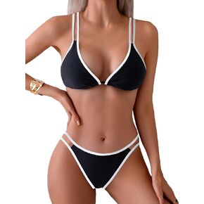 Limeeke Women's Sexy Bikini Sets Color Block Two Piece Swimsuit Triangle Top Spaghetti Strap Bathing Suit