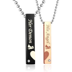 SunnyHouse Jewelry His & Hers Matching Set Titanium Stainless Steel His Angel Her Demon Couple Bar Pendant Necklace