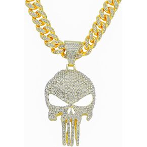 Cool Skull Necklace for Men Women, Halloween Necklace, Iced Out Cuban Chain Diamonds with Bling Skulls Pendant, Chunky Cubic Link Chains Necklaces, Unique Large Hip Hop Rhinestone Gifts, Mens Big Gold Plated Cosplay Costume Punk Gothic Goth Jewelry