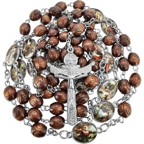 TALISMAN4U Stations of the Cross Rosary Chaplet Carved Wooden Beads Catholic Necklace for Men Women Holy Trinity Crucifix Cross Religious Gift Jewelry with Rosary Box & Prayer Booklet