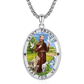 Saint Francis Necklace 925 Sterling Silver Saint Francis of Assisi Oval Pendant,Patron Saint Animal Amulet Jewelry for Men with 22 in Chain
