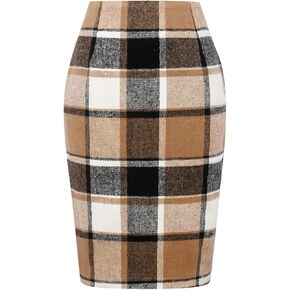 Plaid Midi Skirts for Women 2024 Fall Winter Wool Pencil Bodycon with Slit High Waist Cute Skirt