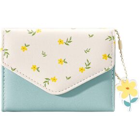 Cute Wallet for Girls Women Tri-folded Small Wallet Cash Pocket PU Leather Card Holder Coin Purse with ID Window (flowe-blue)