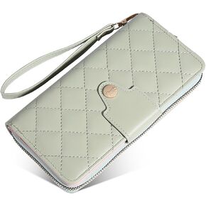 Women Wallet Long PU Leather with Zipper And Button Closure Card Slots Bracelet Coin Pouch (Light blue)