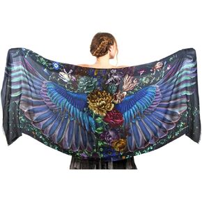 Designer Silk & Cashmere Scarf With Wide Spread Bird Feather Wings (Onyx)