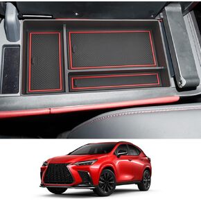 CDEFG Center Console Organizer Tray for 2022 2023 2024 Lexus NX 250 350H 450H Accessories Armrest Storage Box Secondary Insert Tray Coin Container Black ABS Material with 1 Colored Mats (Red Trim)