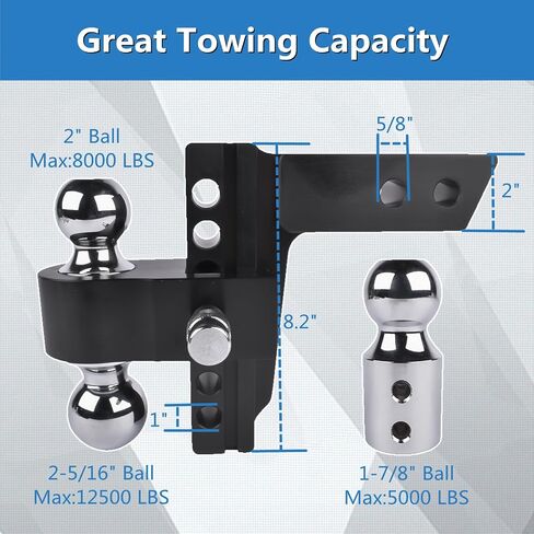 Black Adjustable Trailer Hitch Fits 2" Receiver, 6" Drop/Rise Heavy Duty Aluminum Drop Hitch, 12500 LBS GTW-Tow Hitch, Tri-Ball (1-7/8" x 2" x 2-5/16") with Dual Pin Key Locks and a Wrench in Saudi Arabia