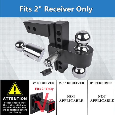 Black Adjustable Trailer Hitch Fits 2" Receiver, 6" Drop/Rise Heavy Duty Aluminum Drop Hitch, 12500 LBS GTW-Tow Hitch, Tri-Ball (1-7/8" x 2" x 2-5/16") with Dual Pin Key Locks and a Wrench in Saudi Arabia
