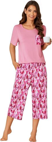 LYANER Women's Short Sleeve and Printed Capri Pants Pajamas Sets Sleepwear Loungewear in Saudi Arabia