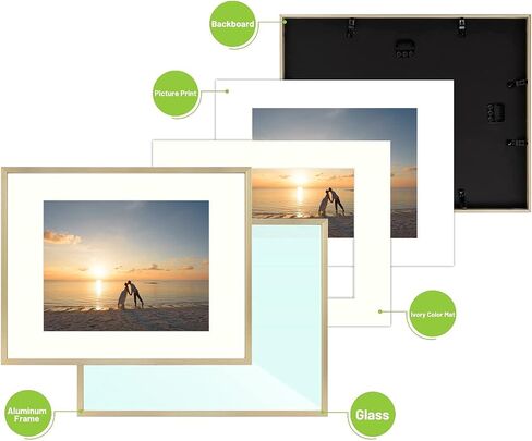 Golden State Art, 11x14 Picture Frame Gold Aluminum (Shiny Brushed) Display Pictures 8x10 with Mat or 11x14 Without Mat Wall Mounting Real Glass Metal Photo Frame in Kuwait