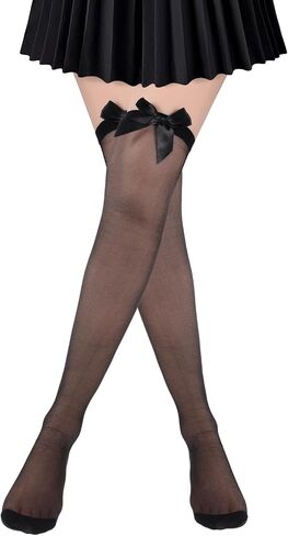 Lusofie Thigh High Socks with Bow 55cm Satin Bow Knee High Stockings for Women Girls Cute White Black Over the Knee Stocks in Saudi Arabia