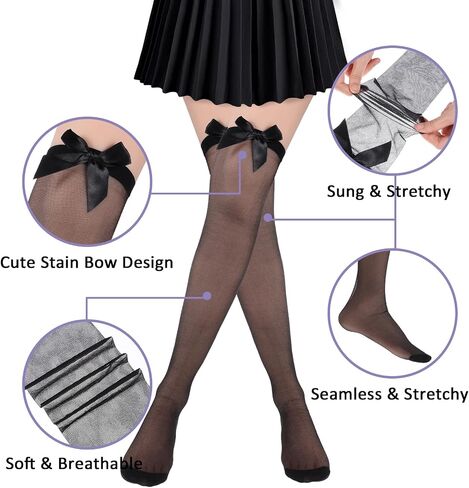 Lusofie Thigh High Socks with Bow 55cm Satin Bow Knee High Stockings for Women Girls Cute White Black Over the Knee Stocks in Saudi Arabia