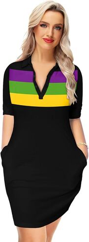 Remimi Womens Mardi Gras Striped Dresses 3/4 Sleeve Polo Dress in Saudi Arabia