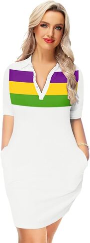 Remimi Womens Mardi Gras Striped Dresses 3/4 Sleeve Polo Dress in Saudi Arabia