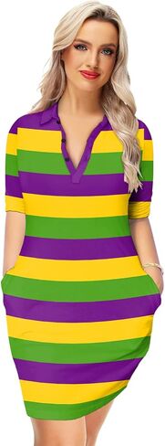 Remimi Womens Mardi Gras Striped Dresses 3/4 Sleeve Polo Dress in Saudi Arabia