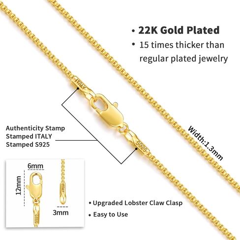 Jewlpire الإيطالية Soild 22K الذهب الحقيقي أكثر من 925 الفضة الاسترليني سلسلة قلادة للنساء، 1.3mm سلسلة مربع هيبوالرجينيك رقيقة وقوية سلسلة القلائد النسائية 14/16/18/20/22/24/26 بوصة in Kuwait