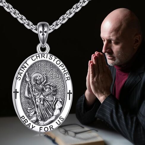 St Michael/St Christopher/Memento Mori/Virgin Mary Necklace for Men S925 Sterling Silver Saint Christopher Pendant Necklace Religious medals Jewelry Gift in Kuwait