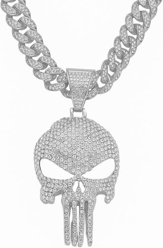 Cool Skull Necklace for Men Women, Halloween Necklace, Iced Out Cuban Chain Diamonds with Bling Skulls Pendant, Chunky Cubic Link Chains Necklaces, Unique Large Hip Hop Rhinestone Gifts, Mens Big Gold Plated Cosplay Costume Punk Gothic Goth Jewelry in Kuwait